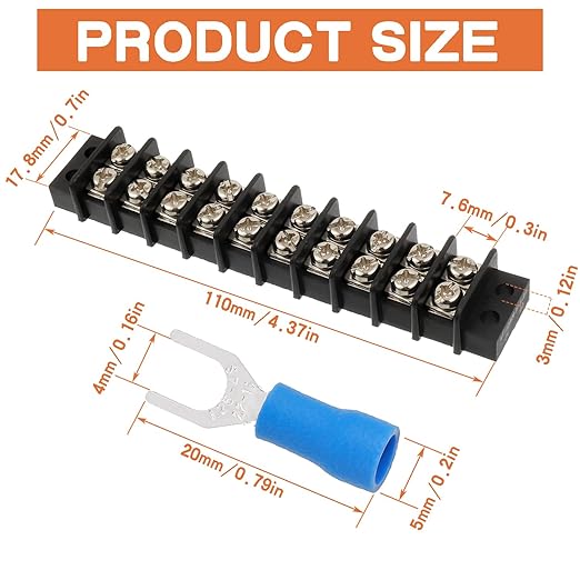 10 Circuits 10 Positions Terminal Block 20-30A 200-450V Dual Row Screw Terminals Strip with 60 PCS Heat Shrink Wire Fork Connectors(Pack of 3pcs)