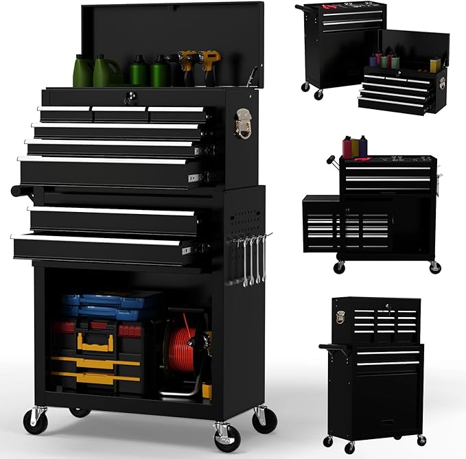 On Shine 8 Drawer Rolling Tool Chest, Large Capacity Rolling Tool Box with Wheels, Locking Mechanical Tool Chest, Portable Tool Box with Sliding Drawers,Metal Tool Box for Garage Workshop (Black)