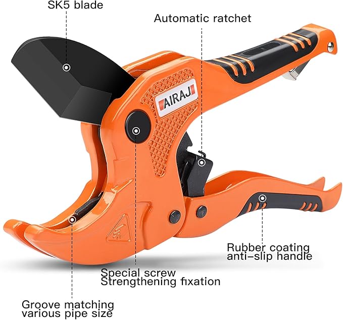 AIRAJ- PVC Pipe Cutter | Cuts up to 1-3/4" (1.75'') | Ratcheting PVC Cutter Tool | PEX Pipe Cutter | V Shaped SK5 Steel Blade | Suitable for PVC/CPVC/PP/PEX/PE Plastic Pipe Cutters