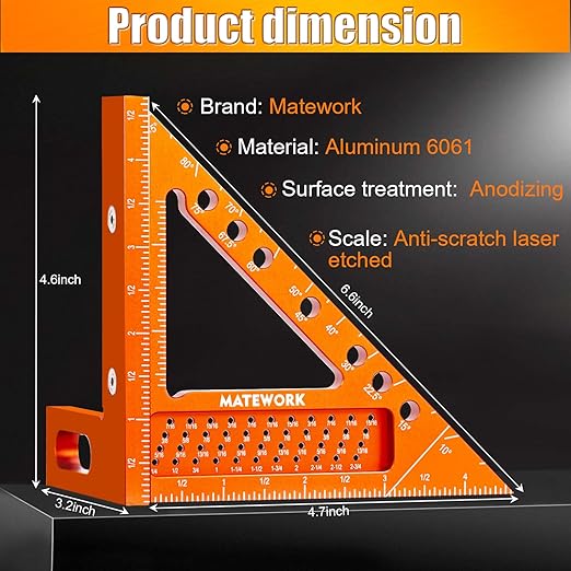 Carpenter Square, 4 inch Aluminum Carpenter Square Tool, Draw Angle Measuring Ruler Tool for Woodworking, Rafter Square Orange