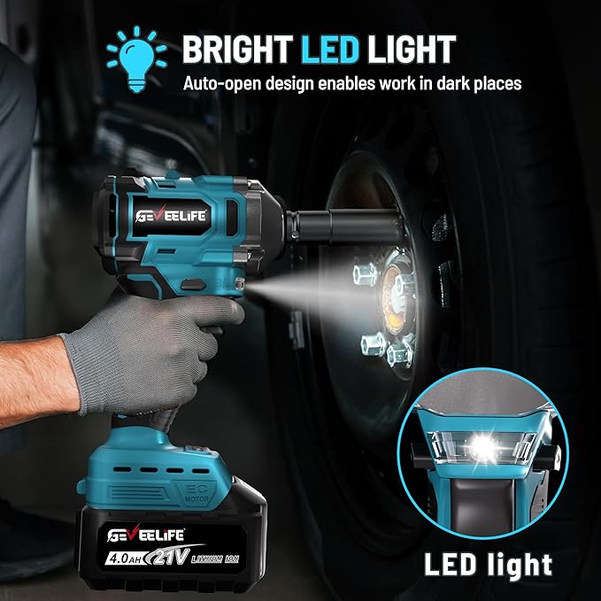 450N.m/332Ft-lbs Brushless Impact Wrench,1/2" Cordless Impact Gun with 4.0Ah Battery & 6 Sockets, Electric Impact Driver for Car/DIY Furniture/Lawn Mower/blue (450N)