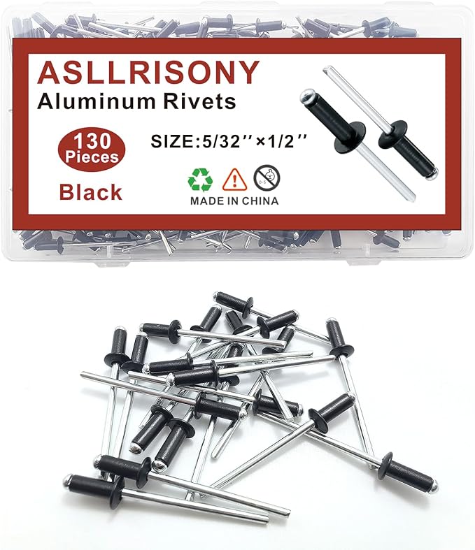 130pcs Black 5/32" x 1/2" Aluminum Blind Rivets, 4 x 12.7mm Pop Rivets,Aluminum Grip and Steel Mandrel