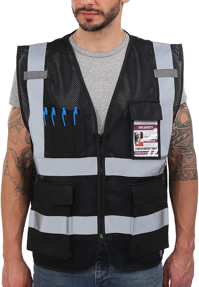 Dib Safety Reflective Mesh Vest High Visibility with Pockets and Zipper, Black Mesh XL