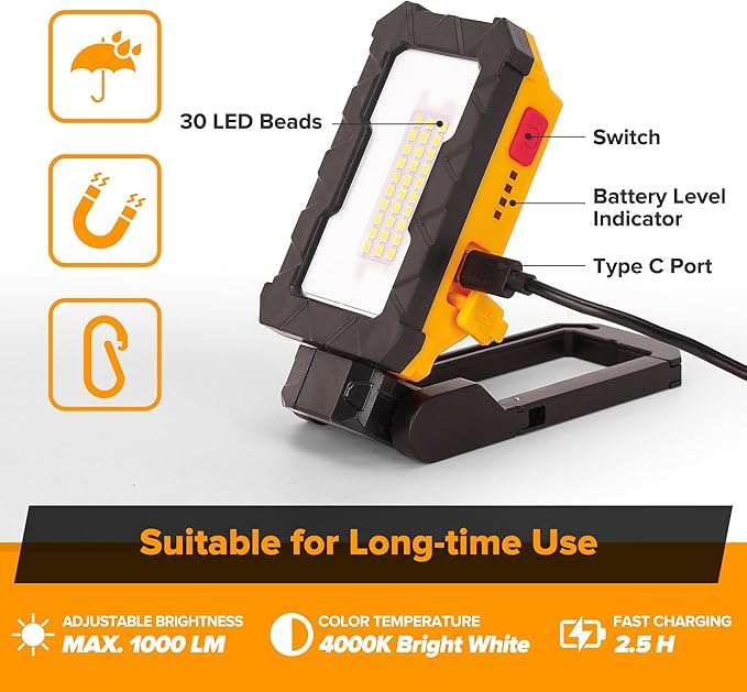 LUTEC Rechargeable Work Light, 1000 Lumens LED Magnetic Light with Magnetic Base and Hanging Hook，360°Rotate and 200°Swivel for Car Repair, Emergency and Camping