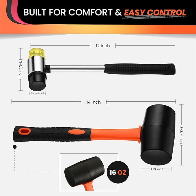 2 Pack Rubber Mallet Hammer Set, 16oz & 35mm Dual Faced Small Hammer with Fiberglass Handle, Rubber Mallet for Camping, Tiles, Tent Stakes, Woodworking, and Flooring