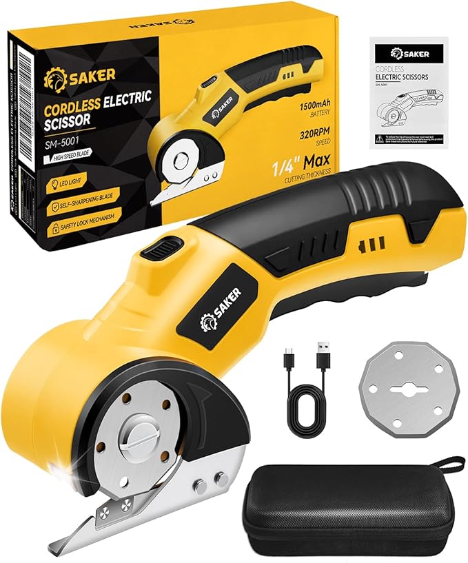 Saker Cordless Electric Scissors,Cardboard Box Cutter,4V Rechargeable Rotary Cutter with Safety Lock & LED Light,Cardboard Cutter for Cutting of Fabric, Leather, Carpet, Plastic, and More(2 Blades)