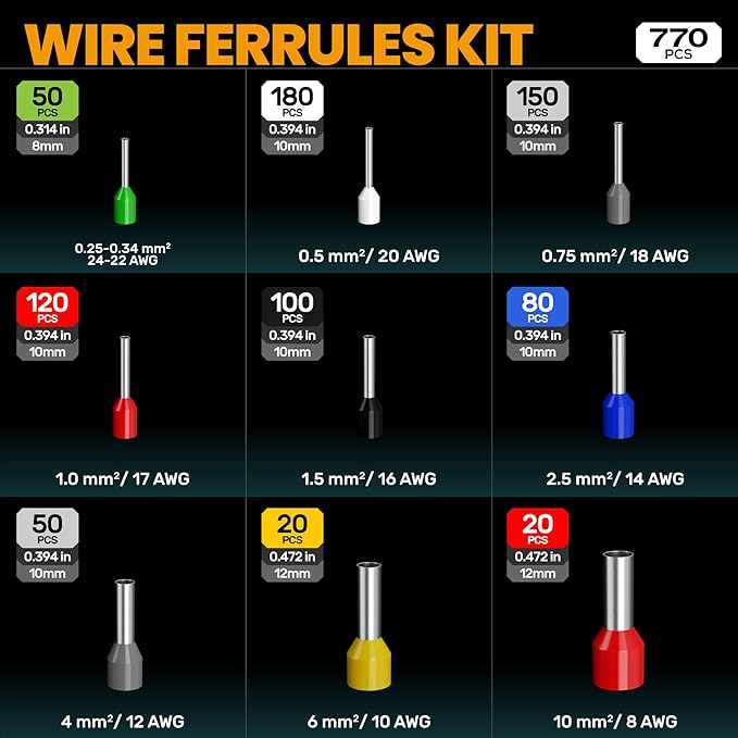 SOMELINE Ferrule Crimping Tool Kit,Self-Adjusting Pliers for wire ferrules AWG 24-8, With 9 Sizes Insulated Wire Ferrules Terminals,Square Crimp Connector Assortment Kit (GX9-4)
