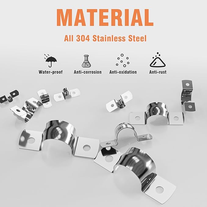 AKIHISA 220Pcs 14 Sizes Pipe Strap Clamp Assortment Kit, M5-M40 2 Holes U Tube Strap 304 Stainless Steel Clamps Set, Cable Clamp U Bracket Tube Strap Tension Clips for Pipe Tube Fixing