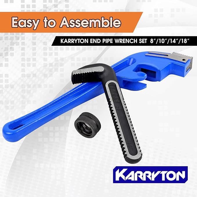 End Pipe Wrench set(8" 10" 14" 18"), Adjustable Cast Iron offset pipe Wrench, Perfect Plumbers Tool for Oil Field, Plumbing, Auto Repair, Construction and Mechanics