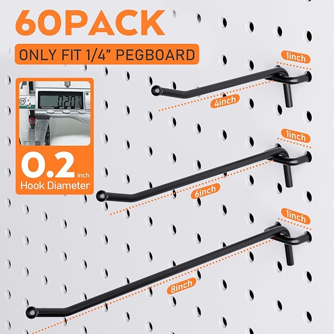 INCLY 60 Pack 4/6/8 Inch Black Pegboard Hooks, 1/4" Heavy Duty Peg Board Shelving Hooks Accessories, Peg Board Tool Hangers Fit 1/4" Pegboard for Organizing Garage, Craft Room, Kitchen, Store