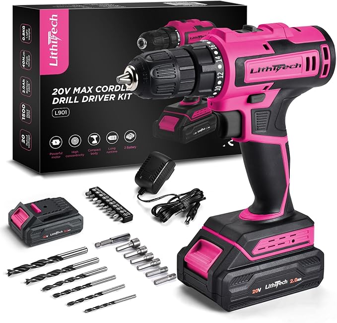20V Pink Cordless Drill Set for Women - with 2.0Ah Battery & Charger, 3/8" Keyless Chuck,Lightweight Electric Power Drill Tool,2-Speed + 354 In-Lb Torque(Pink)