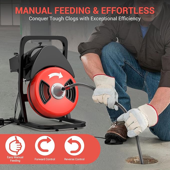 50FTx1/2 Inch Drain Cleaner Machine with Wheels, Sewer Snake Electric Drain for 2" to 4" Pipes, Plumbing Snake Auger Cleaner with 6 Cutter & Foot Switch for Sewer, Sink, Toilet, Bathroom