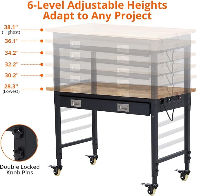 48x24 Inch Heavy-Duty Adjustable Workbench with Rubber Wood Top – 2000LB Capacity Mobile Garage Workstation with Drawer&Backplate, Ideal for Workshop, DIY & Tool Storage