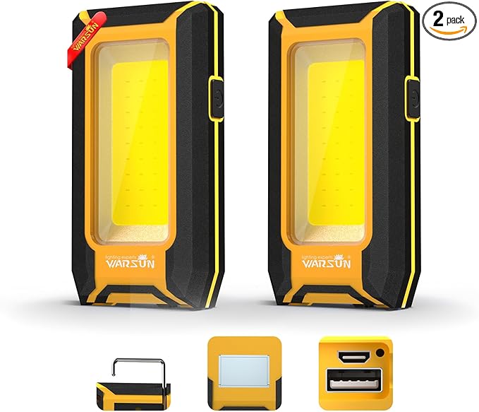 WARSUN 2 PC LED Rechargeable Work Light, Magnetic COB Portable Worklights, 40w 1500 Lumens, Metal Hanging Hook 3 Lighting Modes, Job Site Lighting for Car Repairing, Camping,Hunting Repairing,Yellow