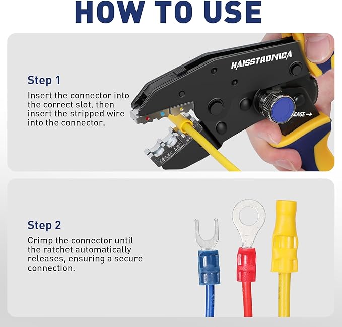 haisstronica Quick Change Jaws Crimping Tool for Insulated Nylon Wire Connectors AWG 22-10 Ratcheting Wire Crimper & Terminals - H5