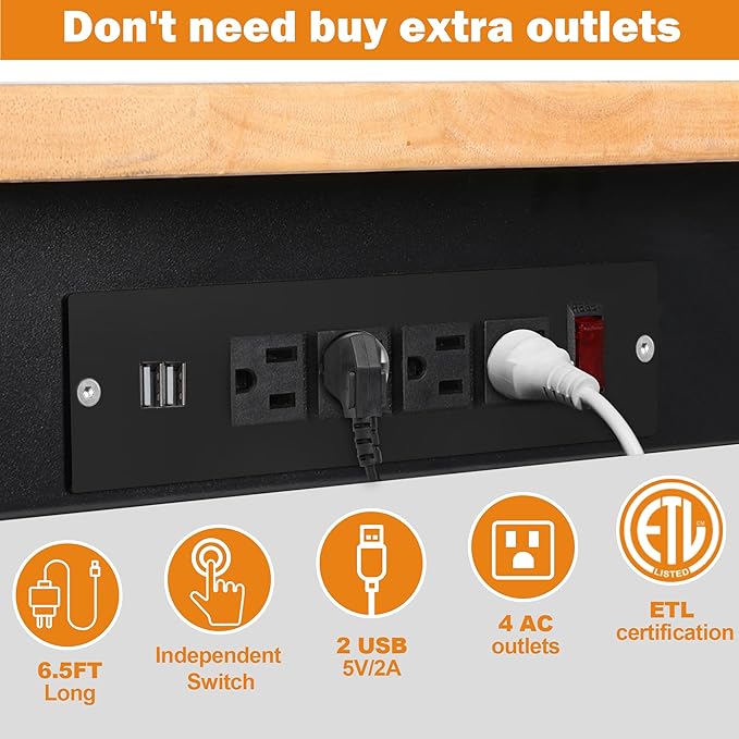 48" Adjustable Workbench for Garage, Rubber Wood Heavy Duty Workstation with Power Outlets & Wheels, 2000 LBS Load Capacity Hardwood Worktable for Workshop, Garage, Office, Home, Commercial