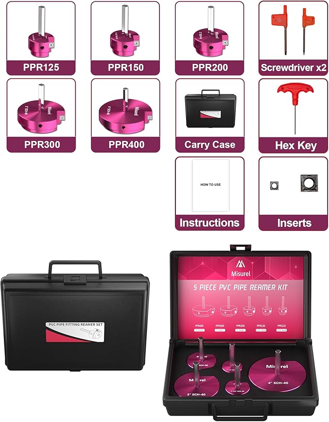 5 Pcs PVC Pipe Reamer Kit, PVC Fitting Saver, Plastic Pipe Fitting Reamer Socket Saver Plumbing Tool Includes 1-1/4'', 1-1/2'', 2'', 3'', 4'' for Schedule 40 Fits Standard 1/2" Drill