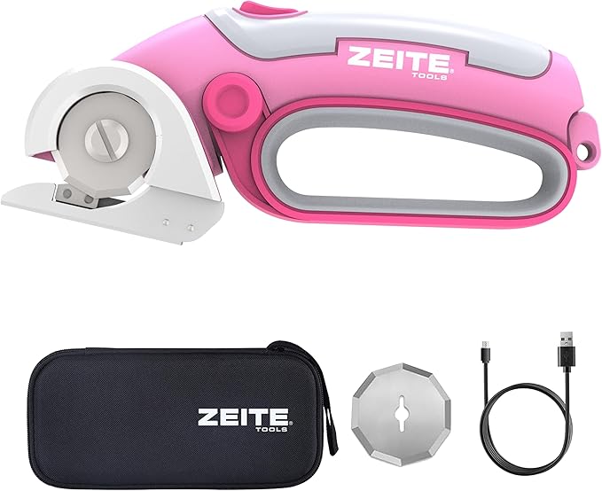 ZEITE 4V Cordless Electric Scissors Cardboard Cutter with 2 x Blades,1 x Storage Case,1 x USB Charging Cable,Rotary Cutter for Box Plastic Carpet Fabric, Easy to Hold and Safety,Pink