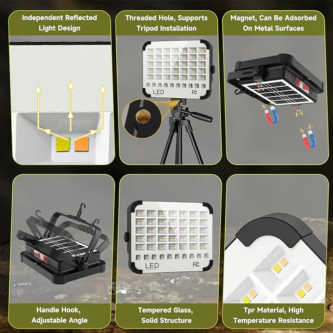 300W LED Solar Work Light 26000LM Magnetic Portable Light, 26000mAh Rechargeable with 5 Modes, IP66 Waterproof for Outdoor Camping, Car Repair, Building, Workshop, Garage, Emergency