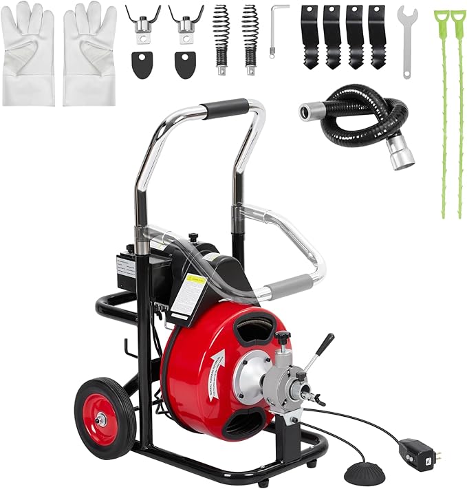 75Ft 3/8 Inch Electric Drain Cleaner Machine Auto Feed Drain Auger for 1 to 4 Inch Pipes Professional Sewer Snake with 4 Cutters Gloves Heavy Duty Clog Remover