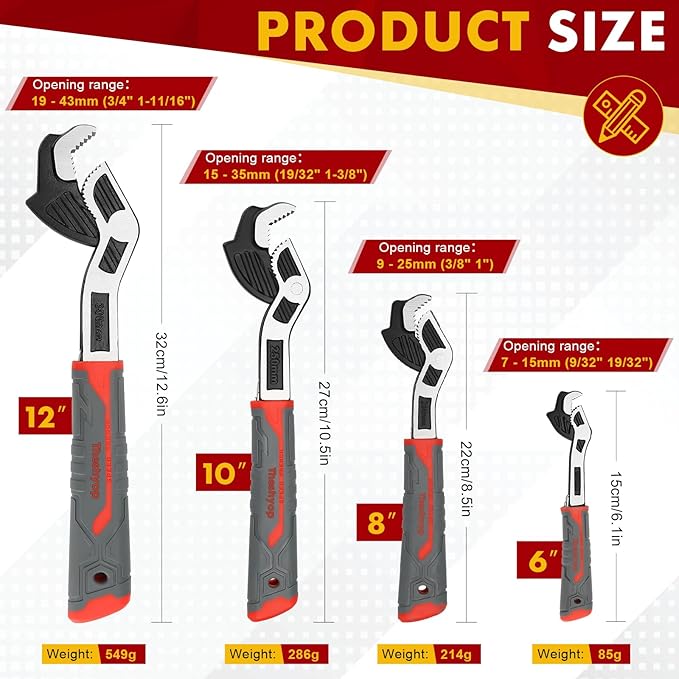 Multifunctional Self-Locking Wrench - 6, 8, 10, 12 Inch Adjustable Pipe Wrench With Non-Slip Handle, Chrome Vanadium Alloy Steel (10 In)