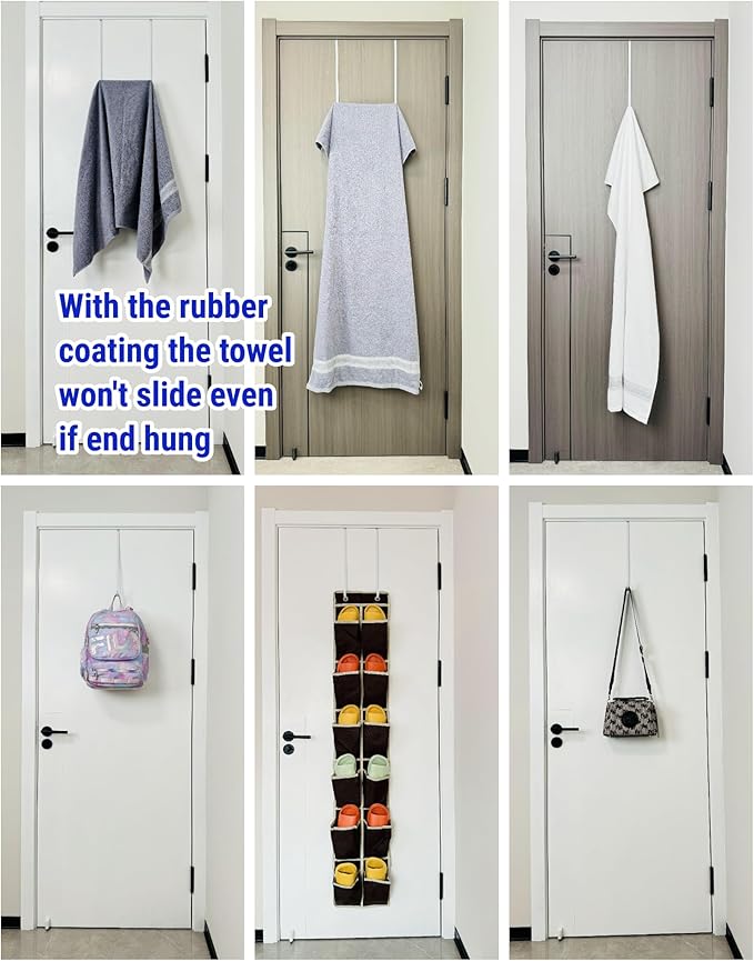 Over The Door Metal Hooks with Plastic Coating 14.2" Fit 0.5" to 1 3/8" Door 4 Pcs Heavy Duty Single Towel Robe Rack Wreath Bathroom Shower Hanger Shoe Organizer Ironing Board Long White
