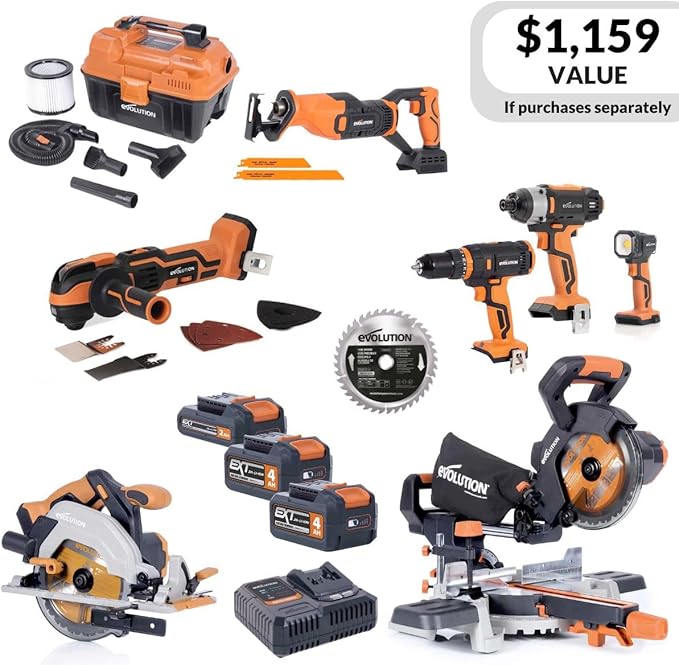 Evolution Cordless 8-Tool Combo Kit | 7-1/4 Sliding Miter Saw, 6-1/2 Circular Saw, Reciprocating Saw, Drill, Impact Driver, Multi-Tool, Vacuum & Torch Light | 2Ah & 4Ah Batteries, Charger