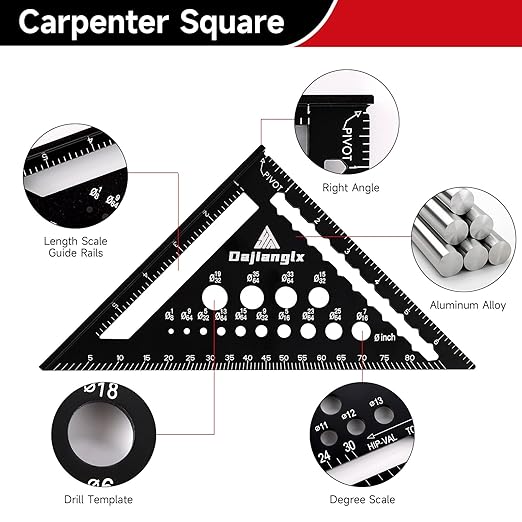 Carpenter Square 7 and 12 Inch Set, Aluminum Rafter Square Framing Suqare Double Scale Triangle Ruler, Protractor Measuring Hole for Woodworking and Carpentry Layout Tool Black with 2 Pencil