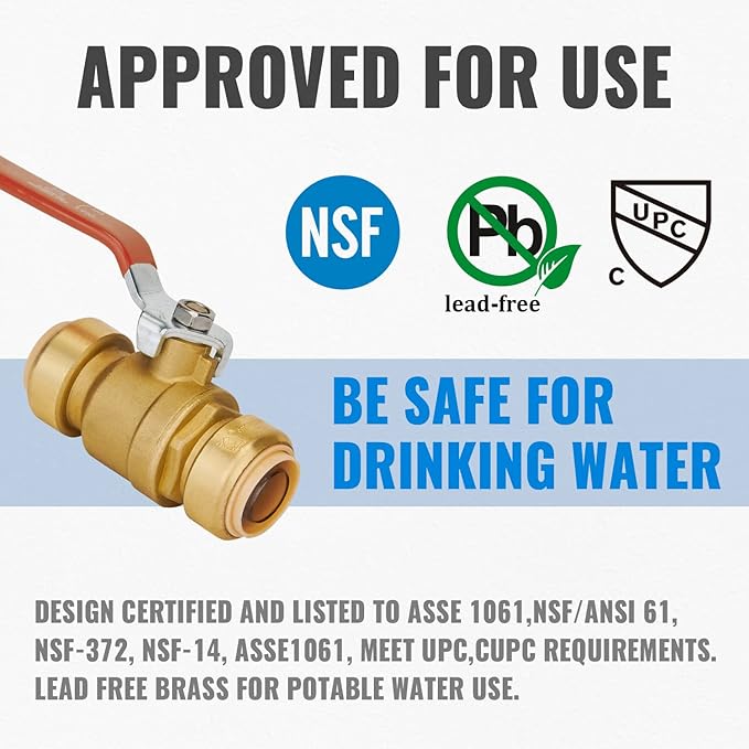 Shut off Ball Valve 1 Inch, SUNGATOR 1 Inch Ball Valve, Push-to-Connect Water Shut off Fittings, No Lead Brass Push Plumbing Fittings for PEX Pipe, Copper, CPVC, Pack of 1