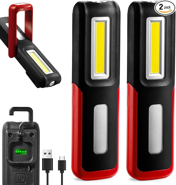 2 PCS Rechargeable LED Flashlight Magnetic Light, Portable Work Light Trouble Lights Lamp for Mechanics, Compact Reliable and Super Bright Flash Light for Tool Gifts for Men(Red)