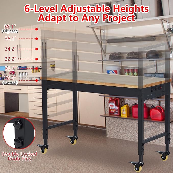 72" x 25" Heavy-Duty Adjustable Workbench with Power Outlets - 2000LB Capacity Garage Workbench, Rubberwood Top, Locking Wheels, Mobile Workstation for Workshop, Office & Home
