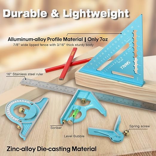 SHALL Rafter Square & Combination Square Tool Set, 7 Inch Aluminium-Alloy Carpenter Square & 16 Inch Zinc-Alloy Woodworking Framing Combo w/Stainless Steel Ruler, 2 Carpentry Pencils, Scriber