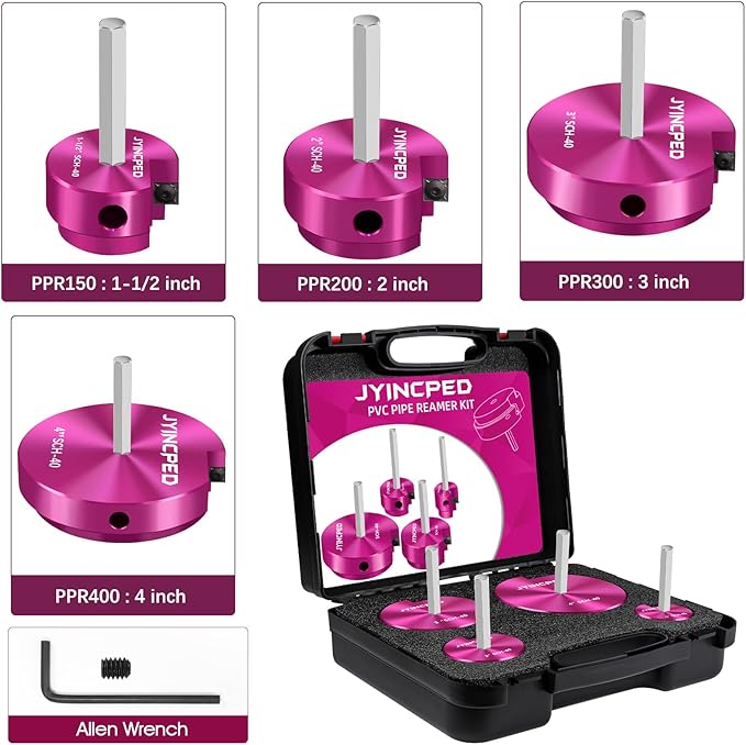 4 Pcs PVC Reamer Kit,Fitting Saver PVC Pipe Reamer Socket Saver Set for Plumbing,Includes 1-1/2 Inch 2 Inch 3 Inch 4 Inch,Plastic Pipe Reamers Tool Kit for Sch.40 CPVC ABS Fittings,Fit for 1/2" Drills