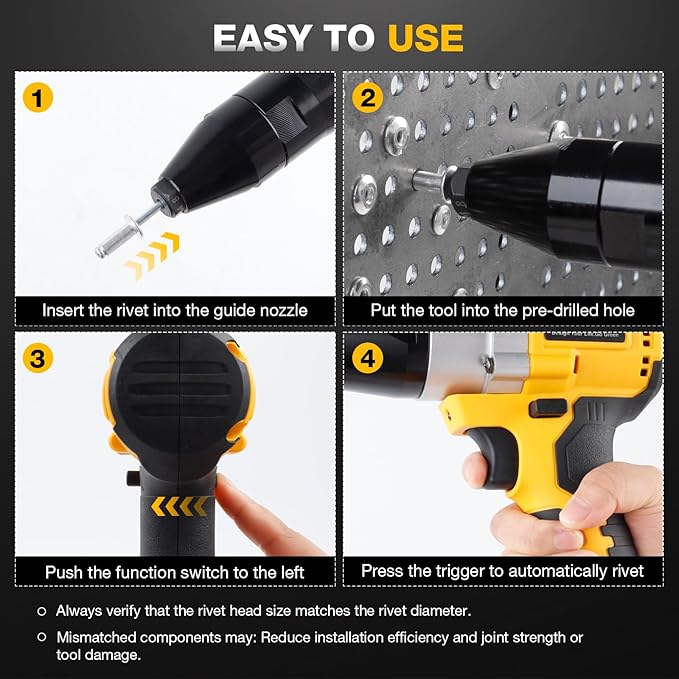 Cordless Rivet Gun Electric Compatible with Dewalt 20V Max Battery, Brushless Cordless Rivet Tool Kit, Pop Rivet Gun with 3 Size (1/8", 5/32", 3/16") Rivets & Rivet Head, Led Light (Tool Only)