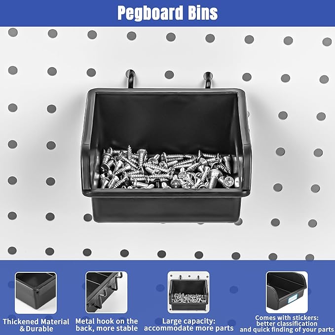 196 PCS Extra Thick Pegboard Hooks Set, Fit 1/4" Peg Board for Hanging Storage, Black Heavy Duty Metal Pegboard Accessories with Pegboard Bins for Garage Wall Organizer