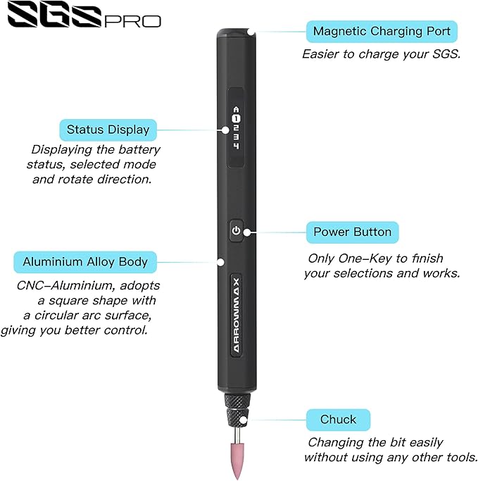 AM ARROWMAX Mini Engraving Pen with 42 Bits - Rotary Tool Smart Motion Control, OLED, Bluetooth, APP, Wireless Magnetic Charge, Engraving Pen for Metal, Wood, Glass and Plastic (SGS PRO) Black