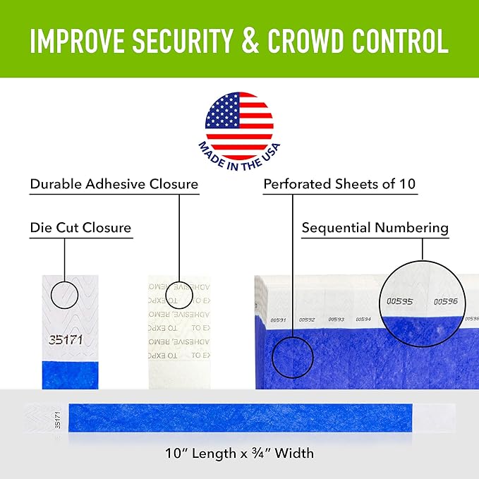 1,000 WristCo Marine Blue Tyvek Wristbands for Events - Comfortable Tear Resistant Paper Bracelets ID Wrist Bands for Concerts Festivals Admission Party Identification