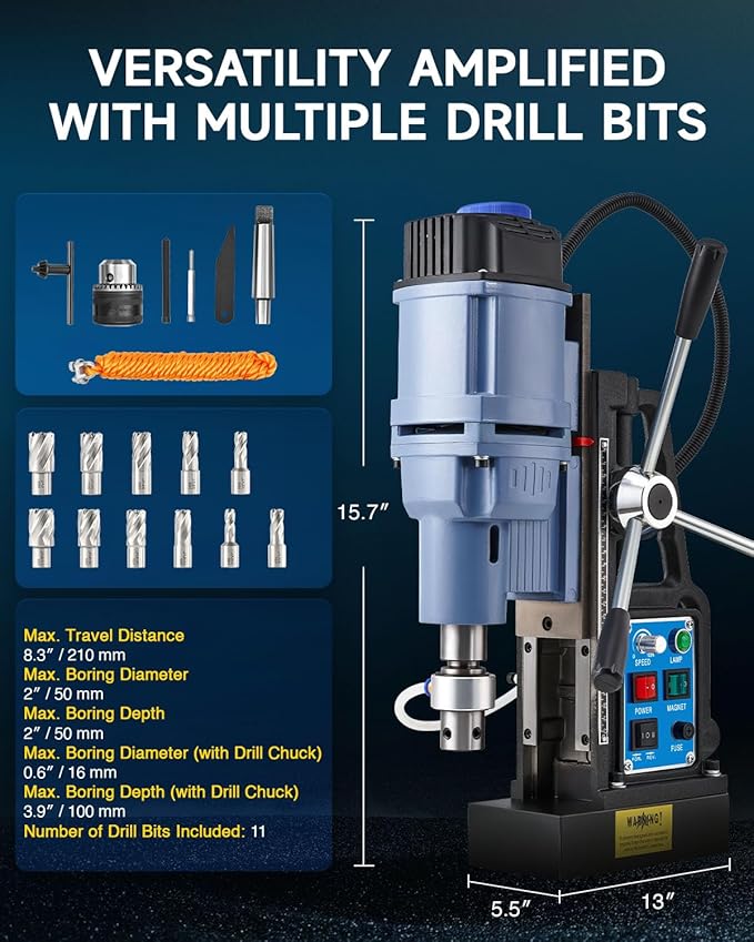 ZELCAN Magnetic Drill Press with 11 Drill Bits, 1550W Mag Drill Press with 2" Dia. 3125 lbf/13900N Mag Force, 650 rpm Power Magnetic Drill with Stepless Speed & Reversible Direction for Metal Surface