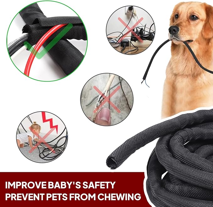 Black Braided Cable Management Sleeves Wire Loom Tubing Cord Protector Self-Wrapping (3/8"-30Feet)