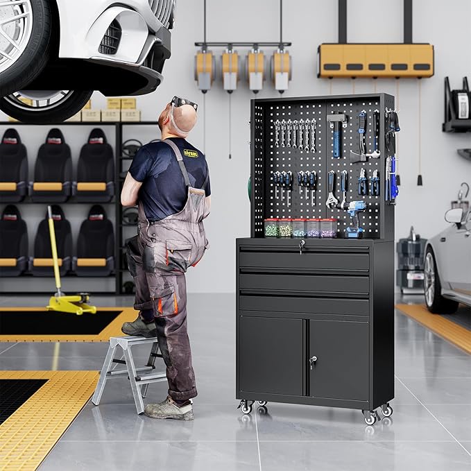 Yizosh Metal Garage Storage Cabinet with Wheels,3-Drawer Rolling Tool Cabinet with 2 Door and Adjustable Shelves,- 71" Steel Tool Cabinet for Warehouse,Garage,Workshop