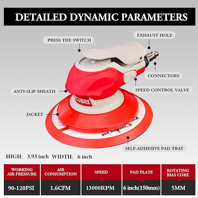 5/6 Inch Pneumatic Orbital Air Sander High-Speed DA Sander for auto body/Ideal for Woodworking, Auto Polishing, and Metal Sanding (6 inch) (6 inch)