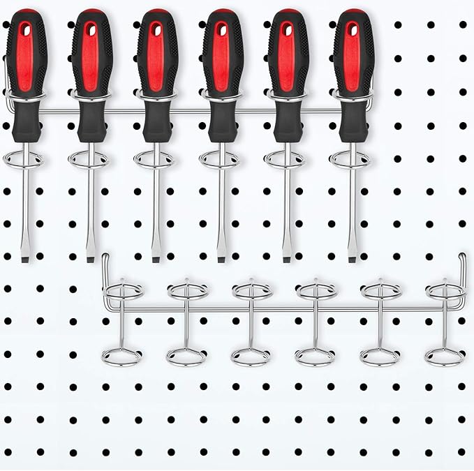 Hotop 2 Pieces Pegboard Screwdriver Holder Peg Board Tool Utility Hooks Pegboard Accessories Six-Tool Organizer Racks Accessory Multi-Ring Holder for Pliers(Silver)