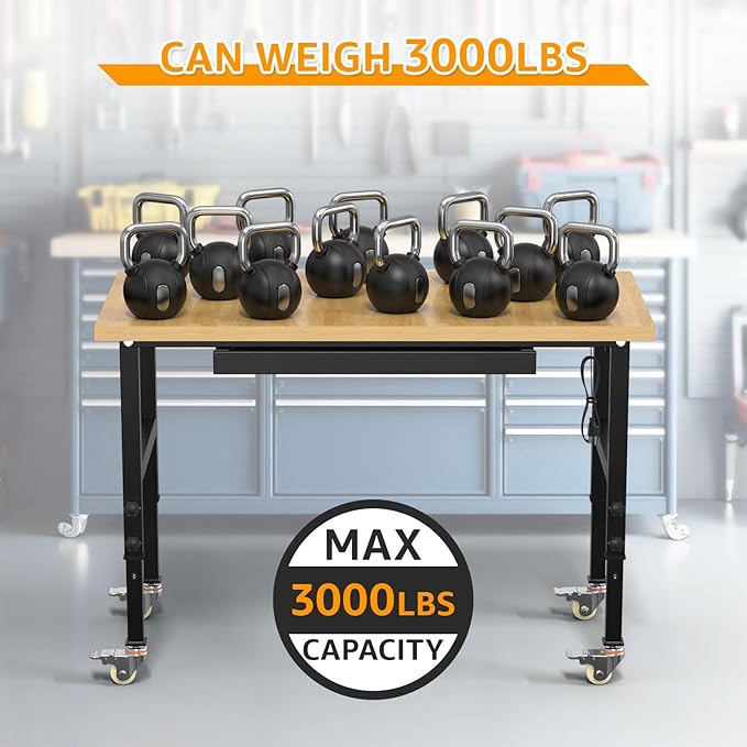 48" Adjustable Workbench,Heavy-Duty Work Table,3000 LBS Load Capacity Particleboard Hardwood Workstation Outlets with Power Strips, Drawers and Wheels,for Workshop, Garage