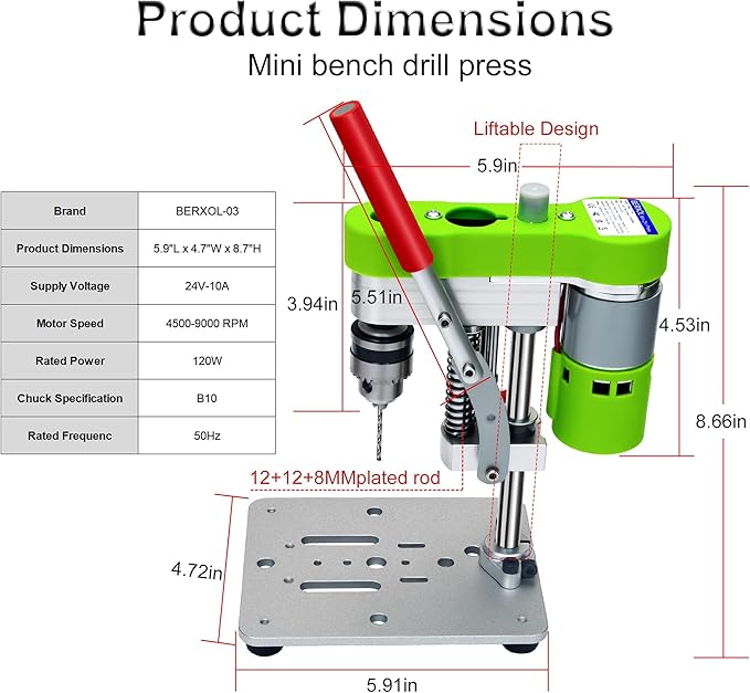 Mini Drill Press, Benchtop Drill Press, Electric Portable Drilling Machine, CNC 795 Motor, B10 Chuck, Drill Bit and Clamp for Wooden, Metal, Jewelry DIY and other DIY Crafts Projects, Green