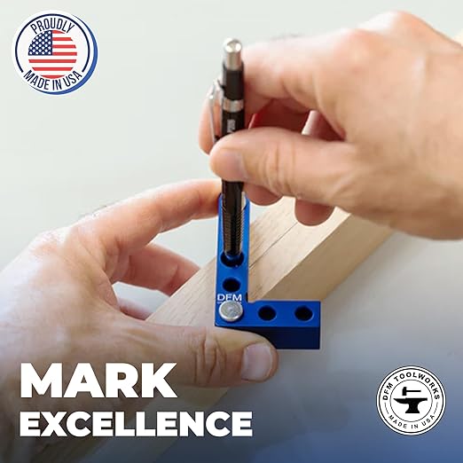 Small Square and Center Finder - Mini Square Tool with 11/32" Center Marking Hole Woodworking, Carpenter Engineering Square, Center Marking Tool, Made in USA - Blue