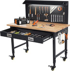 48'' Adjustable Workbench, Heavy Duty Workbench with Drawer and Backplate, 2000 LBS Capacity Work Table with Power Outlet and Lockable Wheels, Suitable for Office, Garage, Workshop
