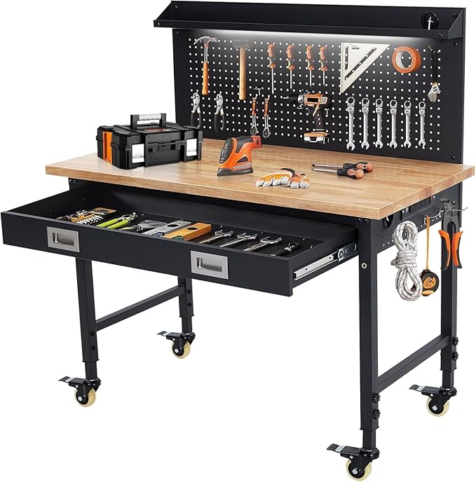 48x24 Inch Garage Workbench with Wheels, Adjustable Rubber Wood Top Garage Workbench with Power Outlet, 2000 Lbs Load Capacity, for Workshop, Woodworking, Office, Home.