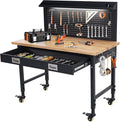 48x24 Inch Garage Workbench with Wheels, Adjustable Rubber Wood Top Garage Workbench with Power Outlet, 2000 Lbs Load Capacity, for Workshop, Woodworking, Office, Home.