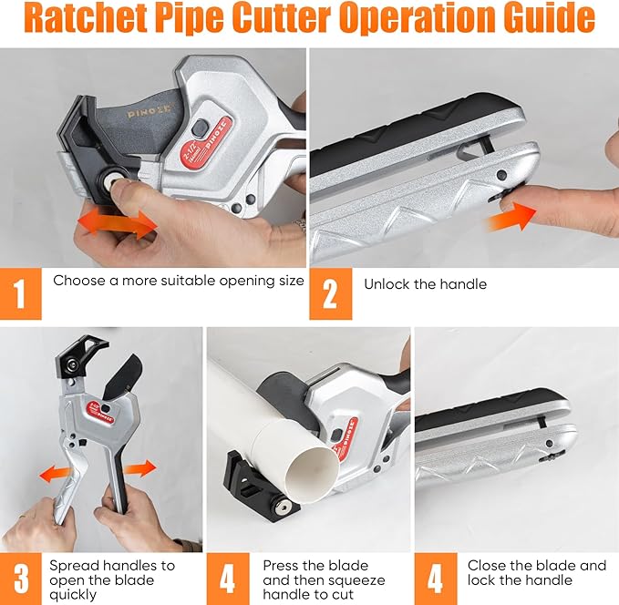 PVC Pipe Cutter, 3-Gear Adjustable Cut up to 2-1/2”, Ratchet Pipe Cutter Tool Heavy-Duty for PVC, PPR, PE, PEX, Plastic Hoses & Plumbing Pipes with Teflon Coated SK5 Blade