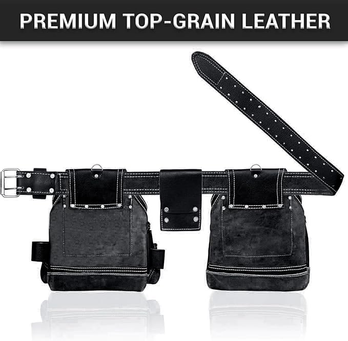 FUERI Leather Tool Belt Bag Men Pouch Heavy Duty Tools Pouches Organizer for Carpenter Construction Electrician Belts Bags Holder (16 Pocket Black, Adjustable)